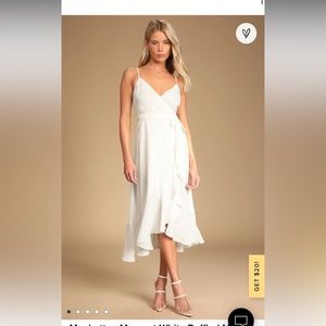 Lulu’s Manhattan Moment White Ruffled Midi Wrap Dress NWT